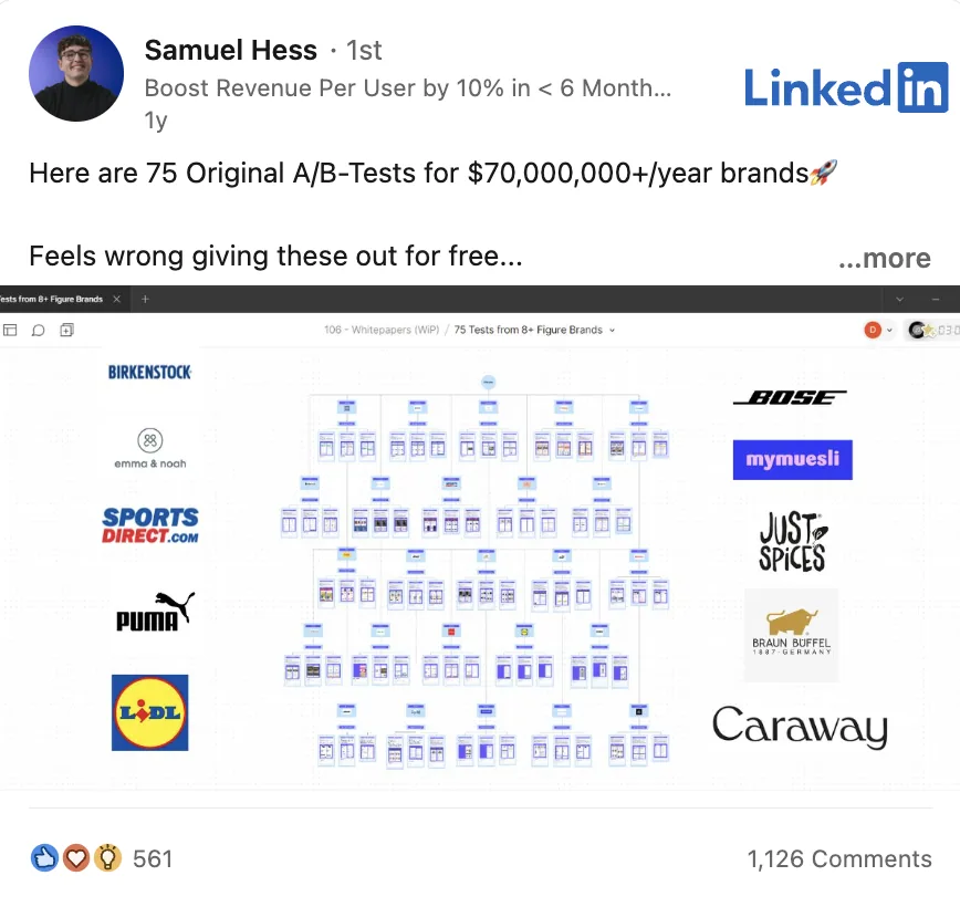 LinkedIn post showing 75 original A/B tests shared publicly for large ecommerce brands