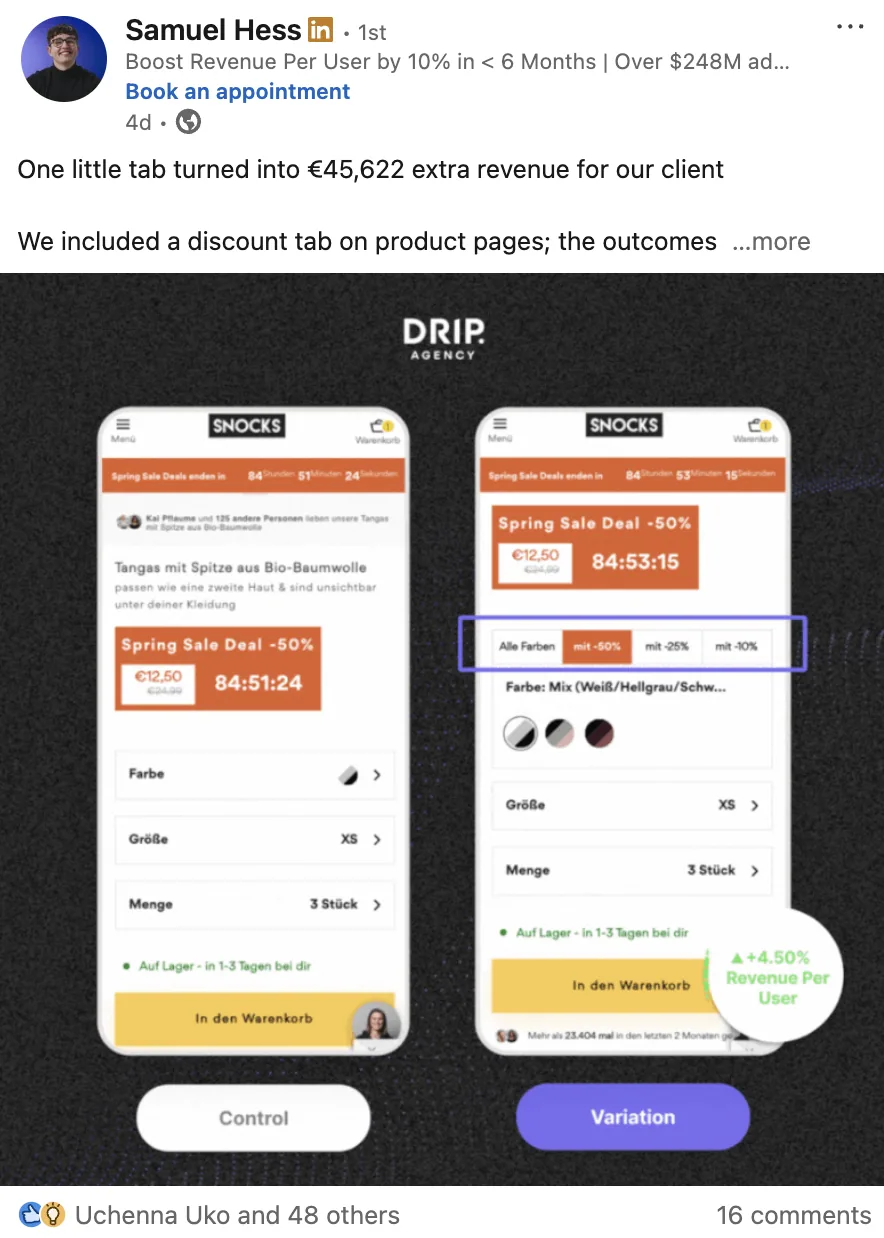 Mobile product page test before and after comparison
