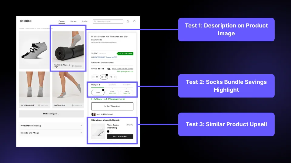 Annotated ecommerce product page test explaining changes and rationale