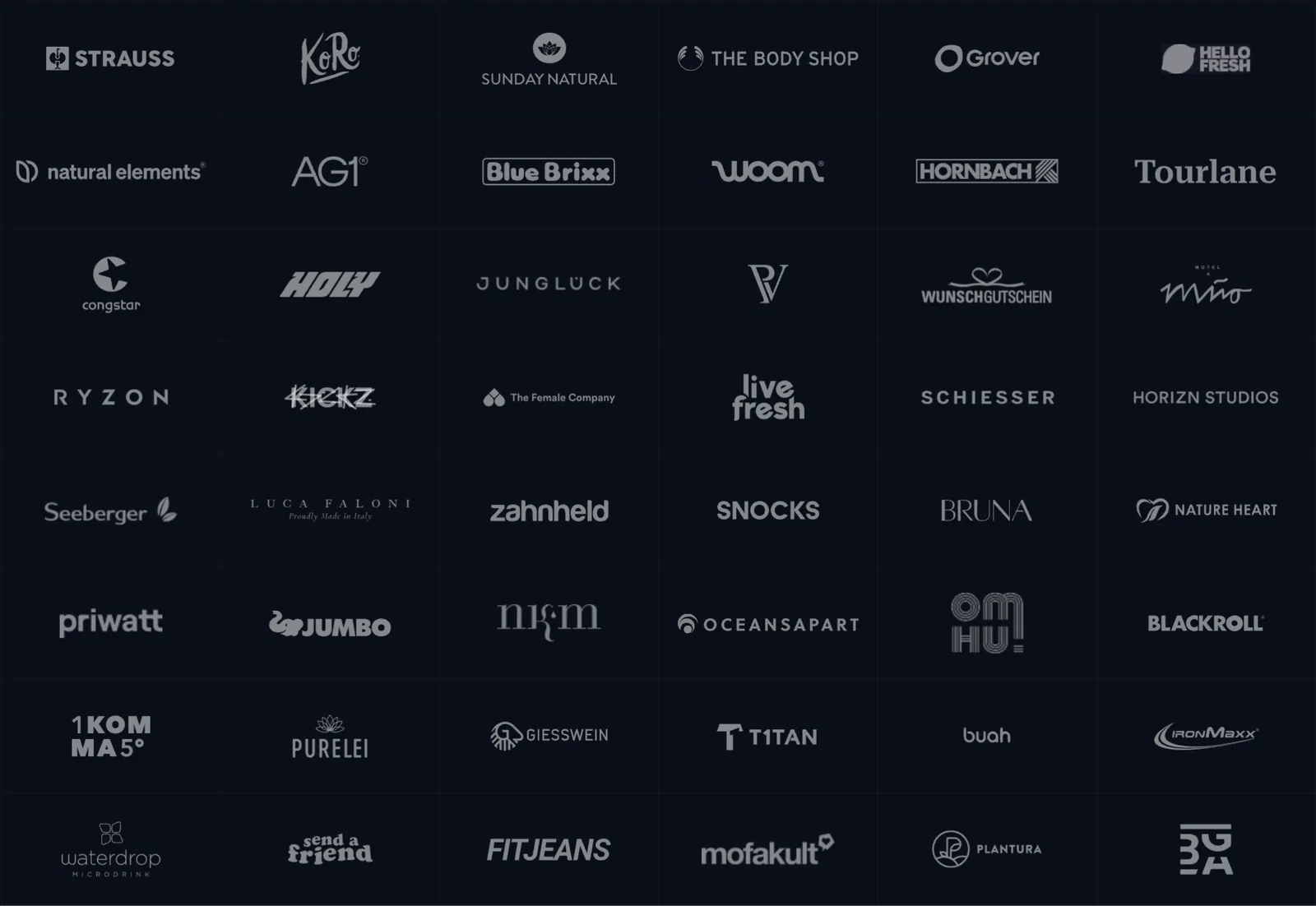 Dark grid of ecommerce brands used as DRIP reference and proof context