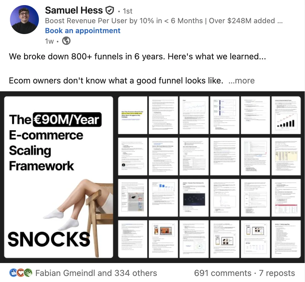 LinkedIn post showing the SNOCKS ecommerce scaling framework