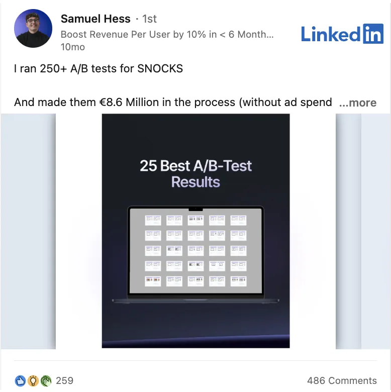 LinkedIn post showing SNOCKS A/B test results and revenue proof