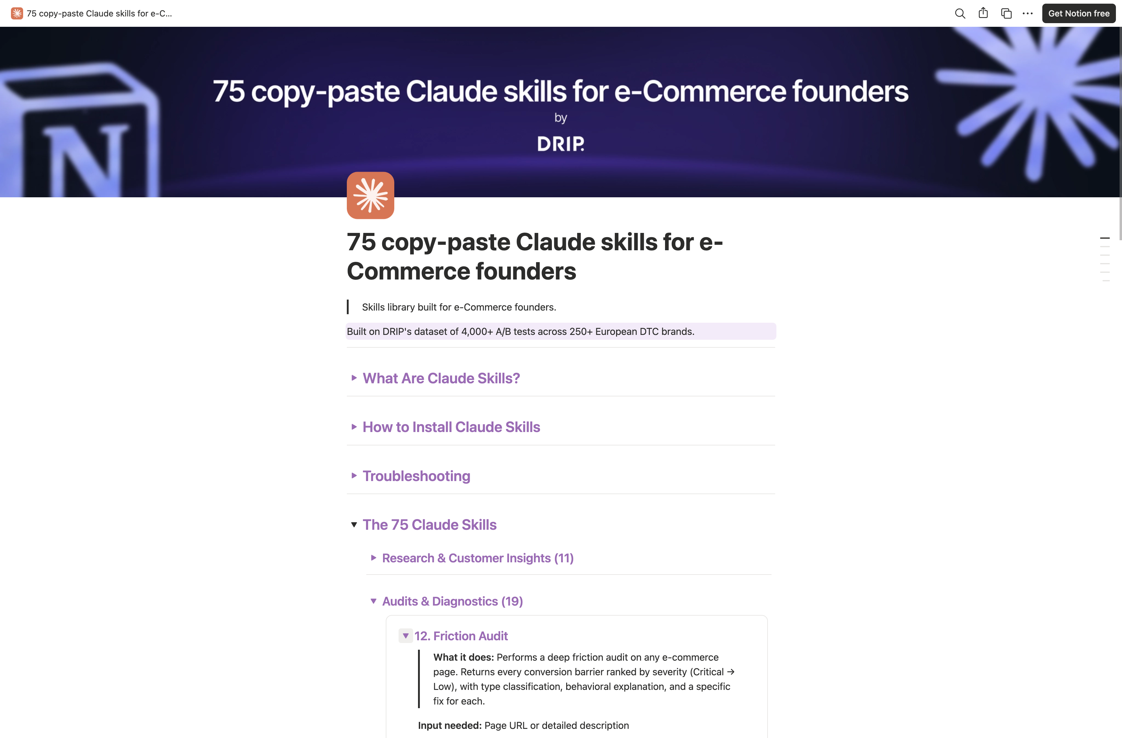 75 copy-paste Claude skills for e-Commerce founders