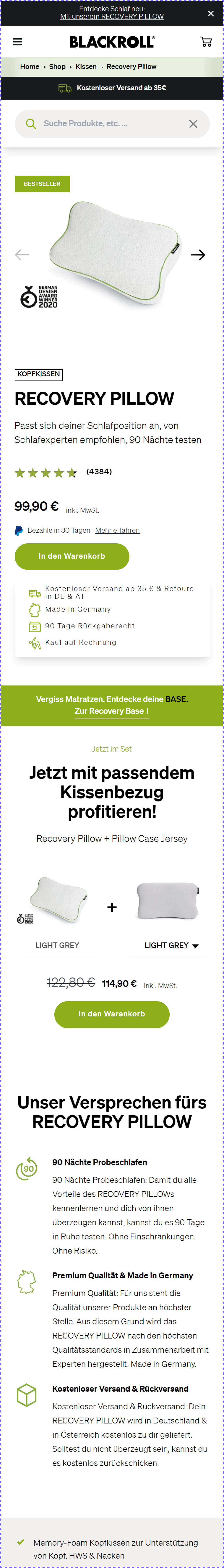 Blackroll Recovery Pillow PDP control before one-click cross-sell placement