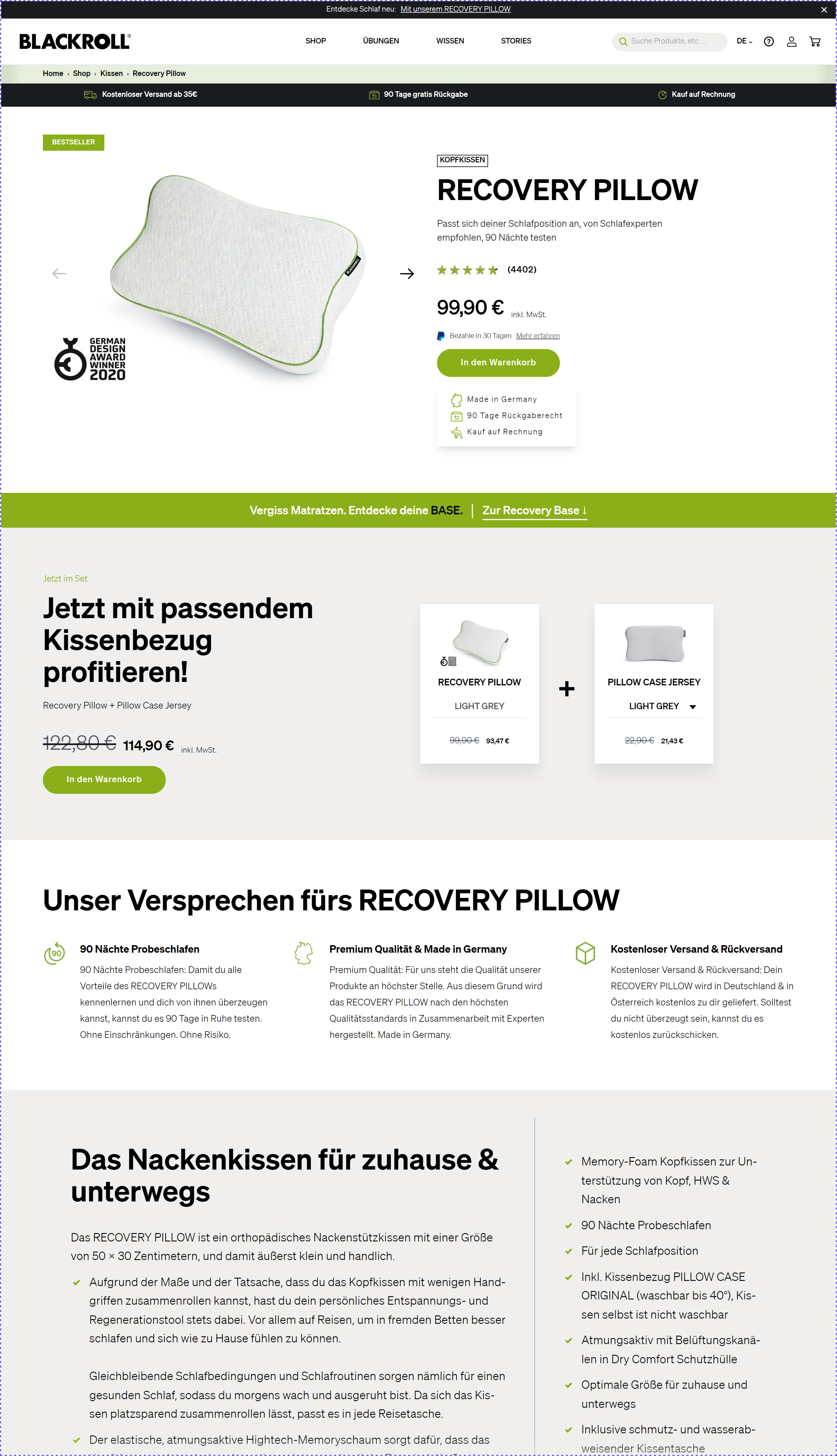 Blackroll Recovery Pillow PDP variant with one-click cross-sell above add to cart