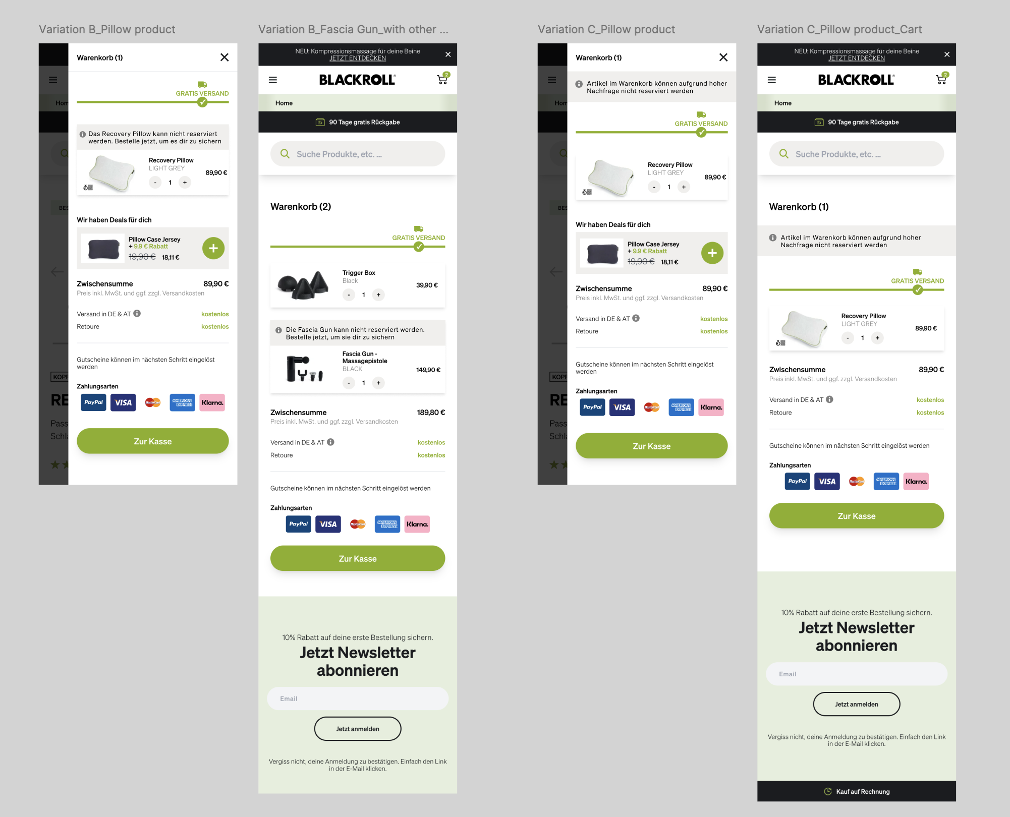 Blackroll mobile PDP and cart variants after test design