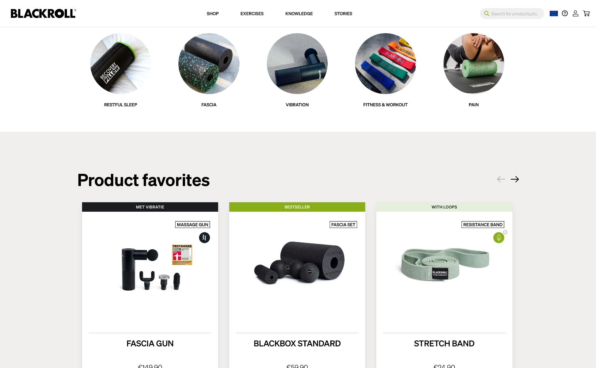 Blackroll product listing and favorites page before optimization focus