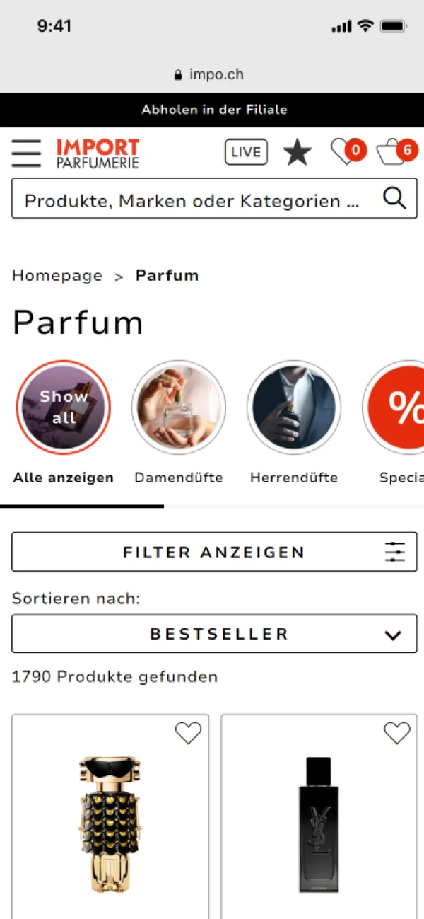 Import Parfumerie Kategorieseite auf dem Smartphone