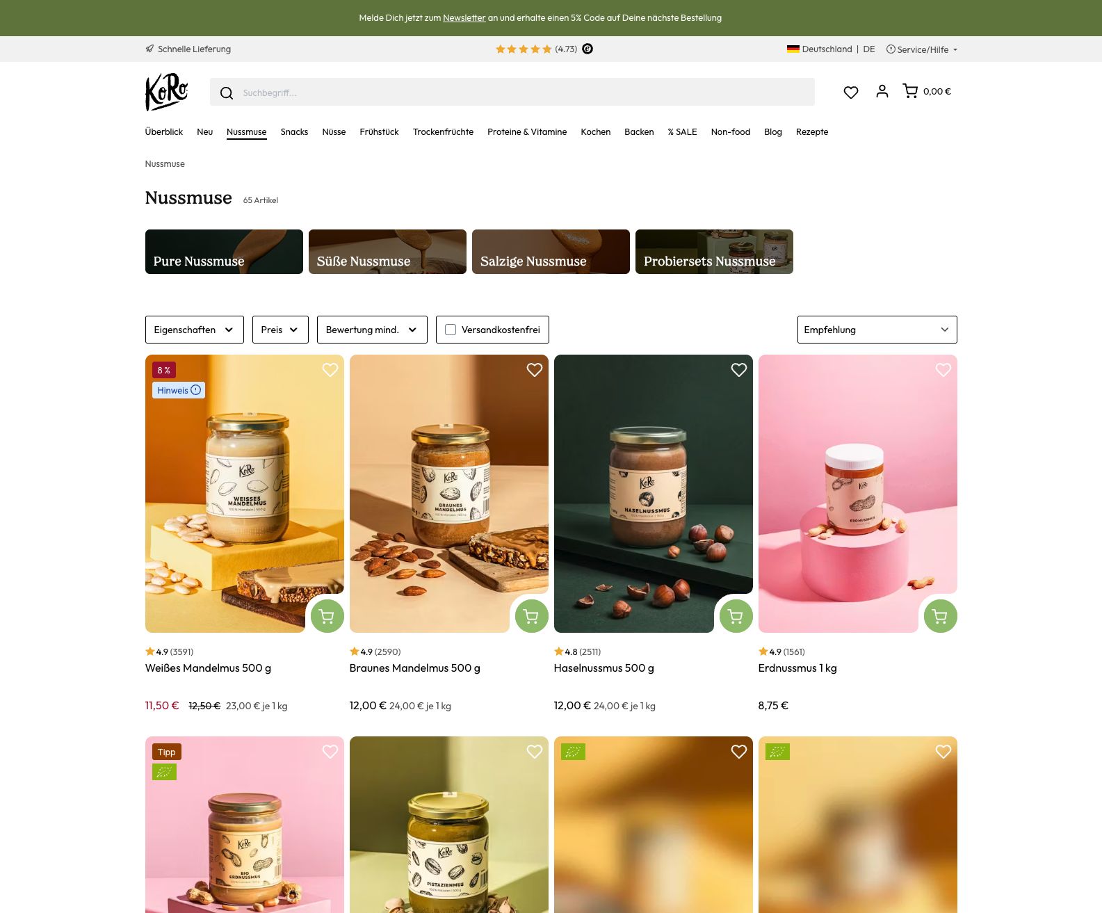 Current KoRo Nussmuse collection page screenshot