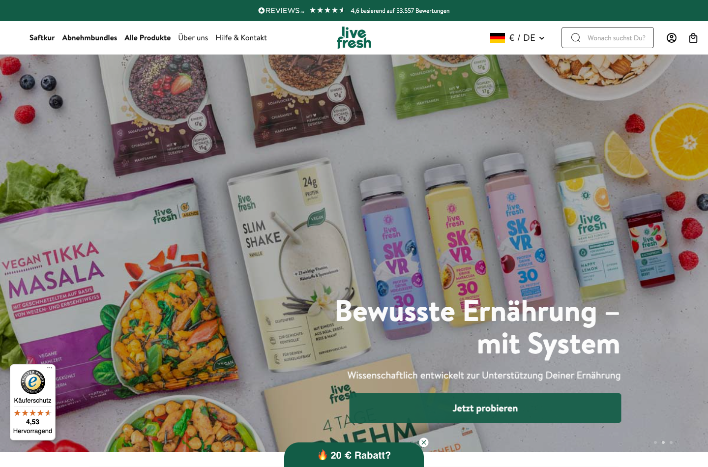 Current Livefresh homepage screenshot captured from the live shop