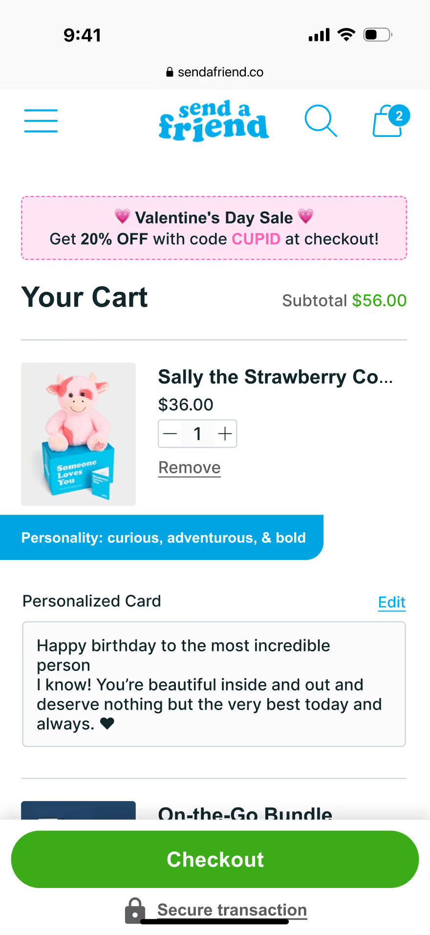 Actual SendAFriend mobile cart screenshot showing animal personality traits