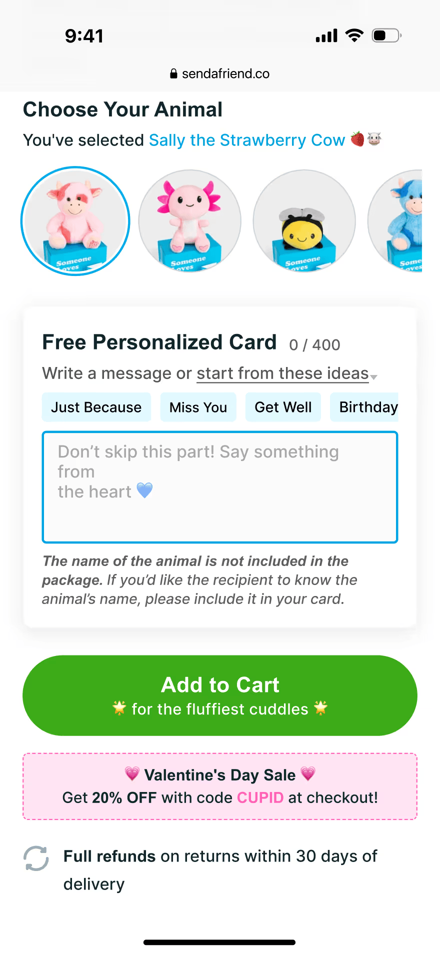 Actual SendAFriend mobile PDP screenshot showing emotional add-to-cart microcopy