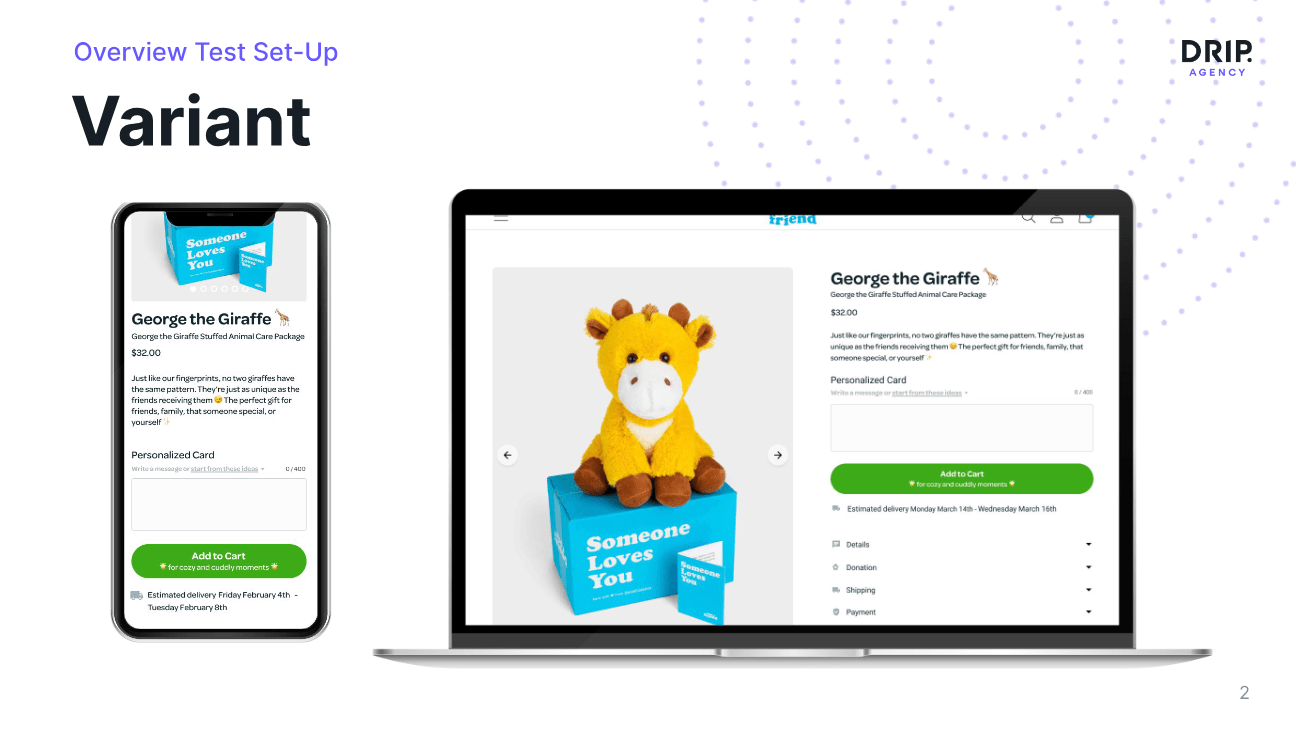 Actual SEN-78 variant slide showing emotional Add to Cart microcopy on SendAFriend PDPs