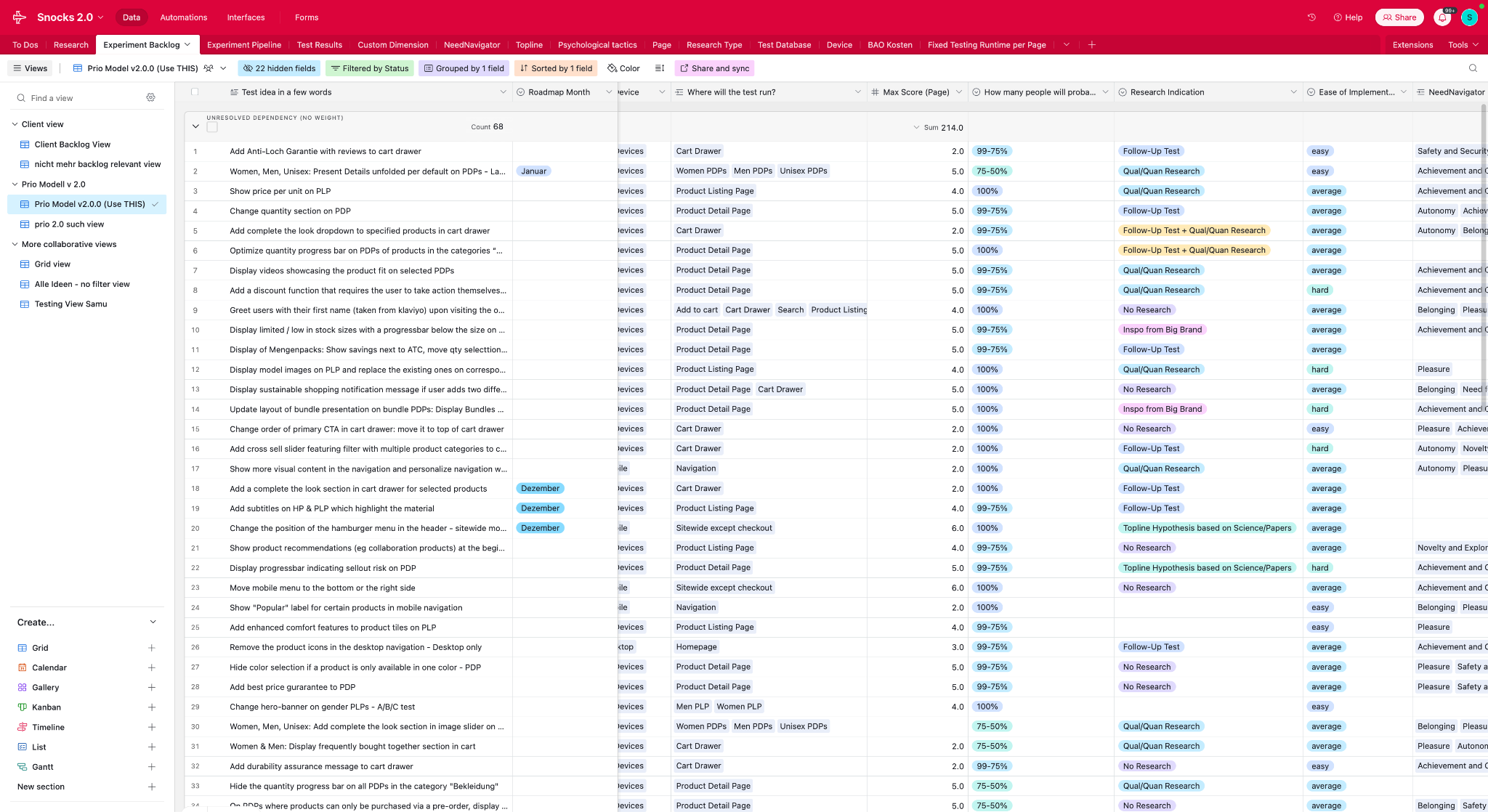 SNOCKS experiment backlog table with prioritized test ideas