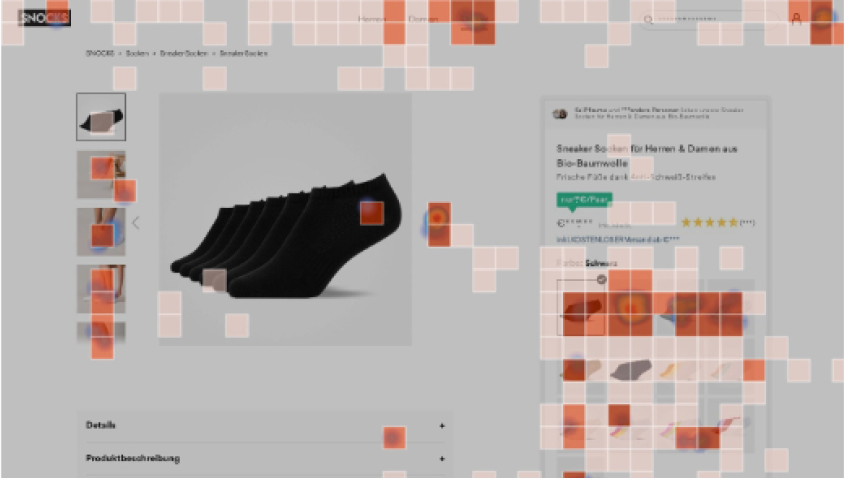Heatmap showing heavy interaction around SNOCKS product color swatches