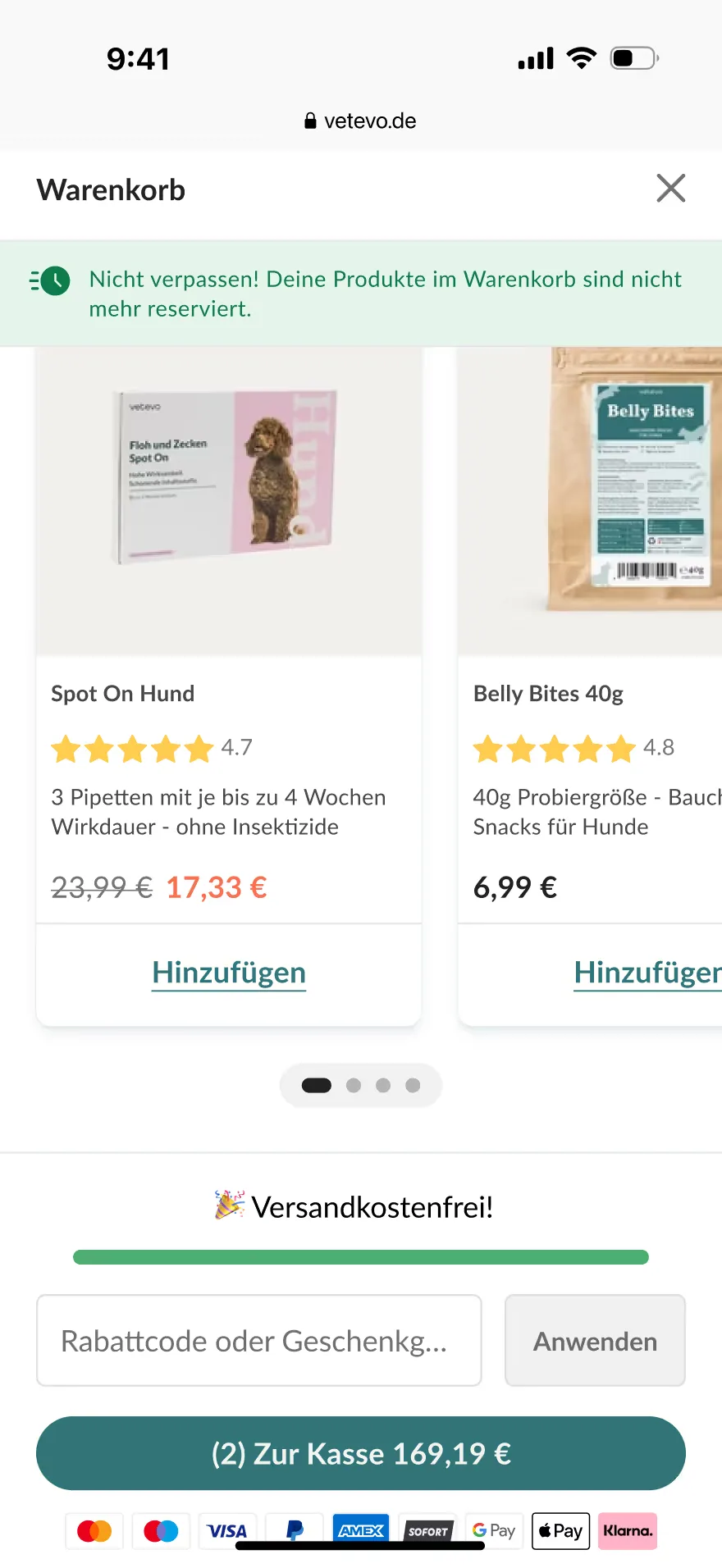 Vetevo Warenkorb auf dem Handy