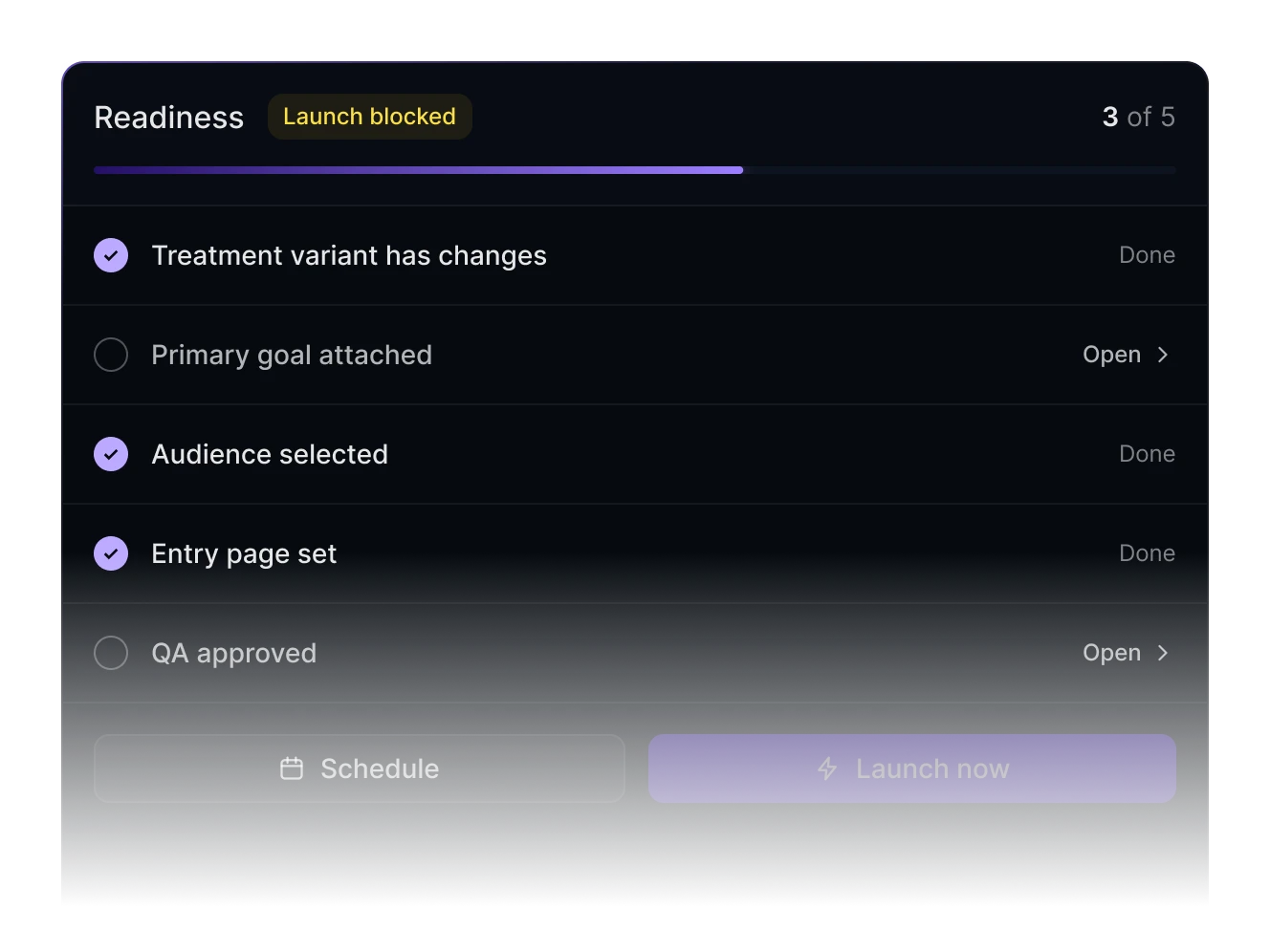 Apex-Testdetail mit Readiness-Checkliste und Varianten