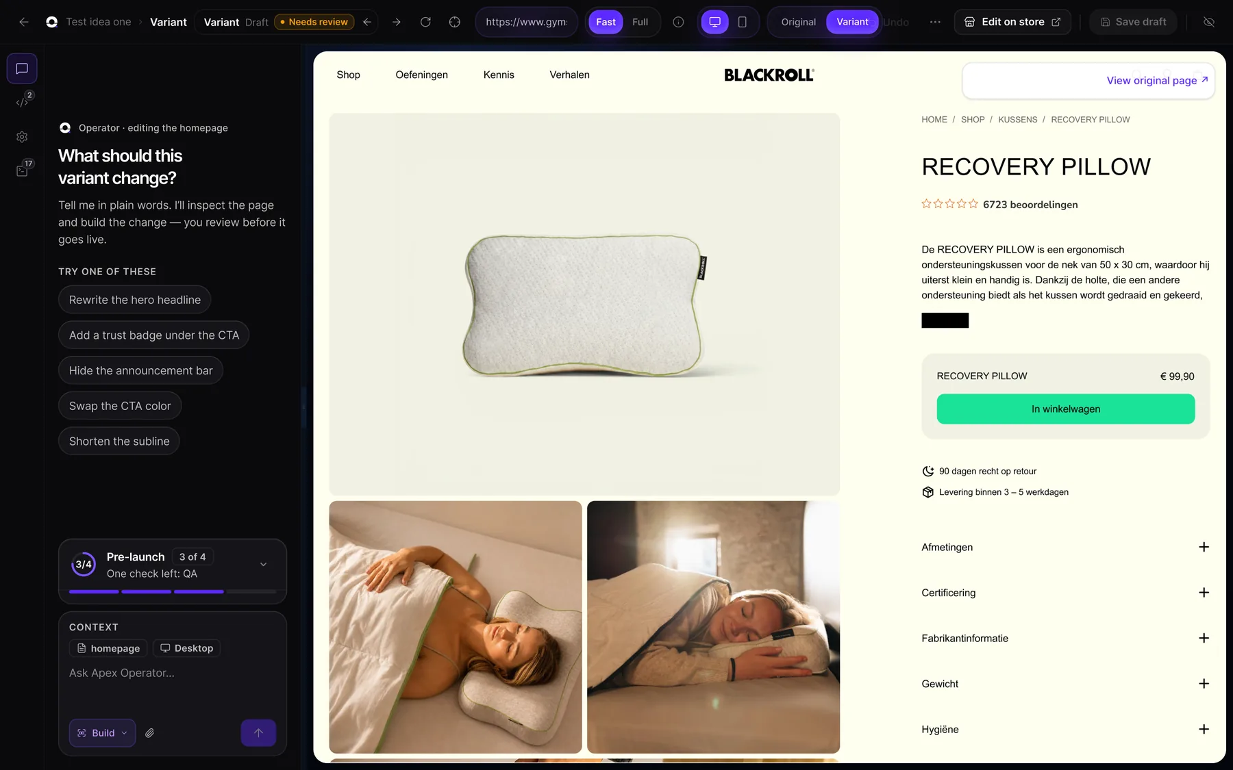 Apex Operator bearbeitet eine Produktseite: Chat links, der Live-Shop rechts